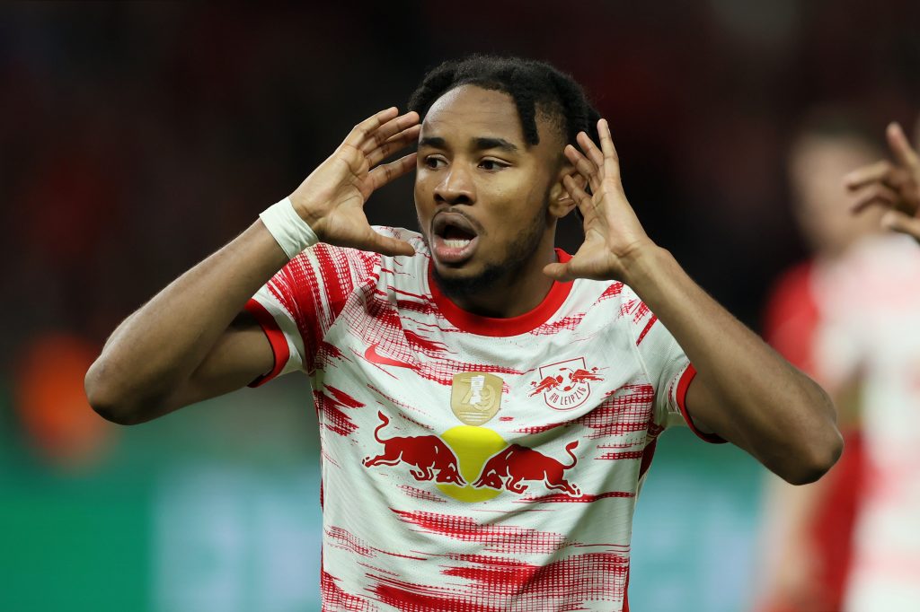 BERLIN, GERMANY - MAY 21: Christopher Nkunku of RB Leipzig reacts during the final match of the DFB Cup 2022 between SC Freiburg and RB Leipzig at Olympiastadion on May 21, 2022 in Berlin, Germany. (Photo by Martin Rose/Getty Images)