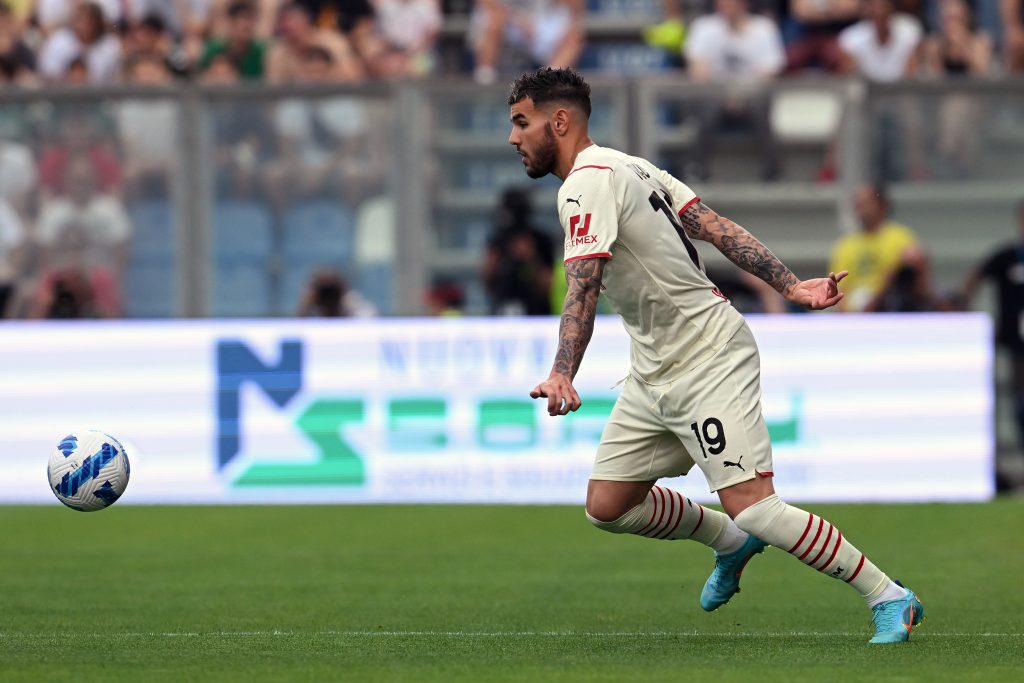 REGGIO NELL'EMILIA, ITALY - MAY 22: Theo Hernandez of AC Milan in action during the Serie A match between US Sassuolo and AC Milan at Mapei Stadium - Citta' del Tricolore on May 22, 2022 in Reggio nell'Emilia, Italy. (Photo by Claudio Villa/AC Milan via Getty Images)