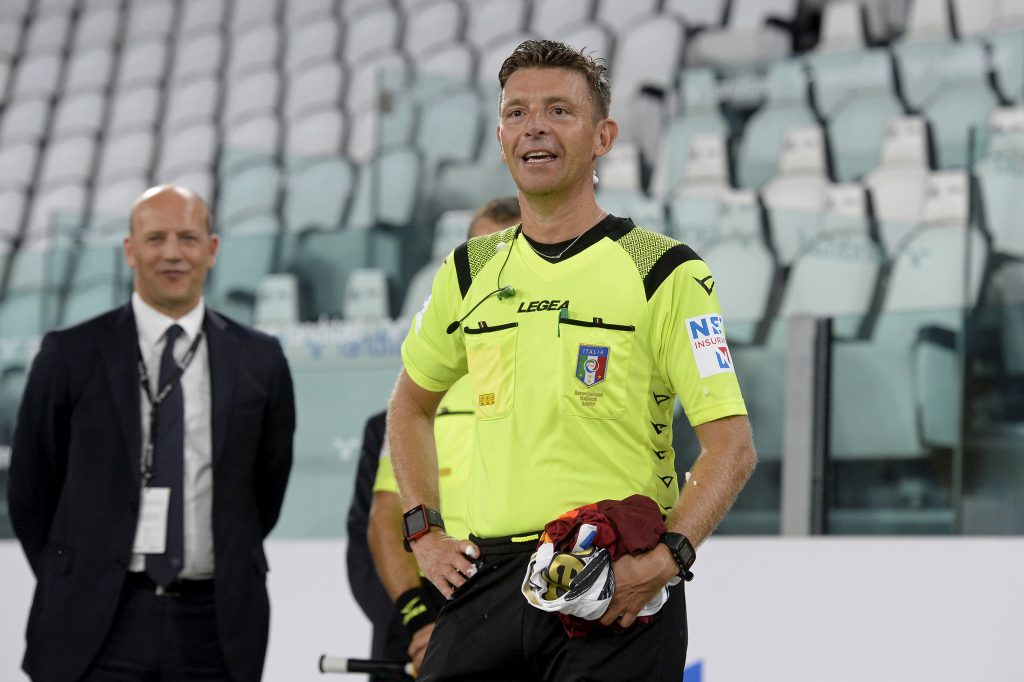 TURIN, ITALY - AUGUST 01: Referee Gianluca Rocchi looks on after the final game of his career, the Serie A match between Juventus and AS Roma at on August 01, 2020 in Turin, Italy. (Photo by Filippo Alfero - Juventus FC/Juventus FC via Getty Images)