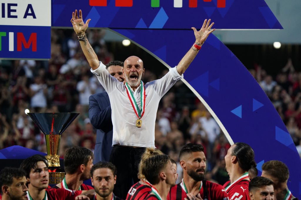 REGGIO NELL'EMILIA, ITALY - MAY 22: Head coach of Milan Stefano Pioli celebrates after the Serie A match between US Sassuolo and AC Milan at Mapei Stadium - Citta' del Tricolore on May 22, 2022 in Reggio nell'Emilia, Italy. (Photo by Pier Marco Tacca/AC Milan via Getty Images)