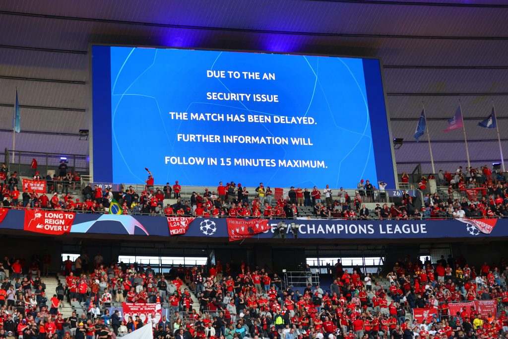 PARIS, FRANCE - MAY 28: An LED screen inside the stadium shows kick off has been delayed by 15 minutes prior to the UEFA Champions League final match between Liverpool FC and Real Madrid at Stade de France on May 28, 2022 in Paris, France. (Photo by Catherine Ivill/Getty Images)