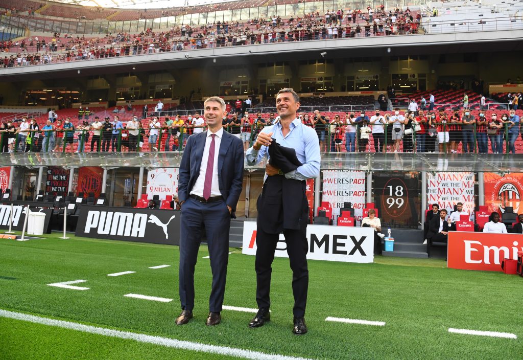 MILAN, ITALY - SEPTEMBER 12: Technical Area Director AC Milan Paolo Maldini and AC Milan Director of Sport Frederic Massara attend during the Serie A match between AC Milan and SS Lazio at Stadio Giuseppe Meazza on September 12, 2021 in Milan, Italy. (Photo by Claudio Villa/AC Milan via Getty Images)