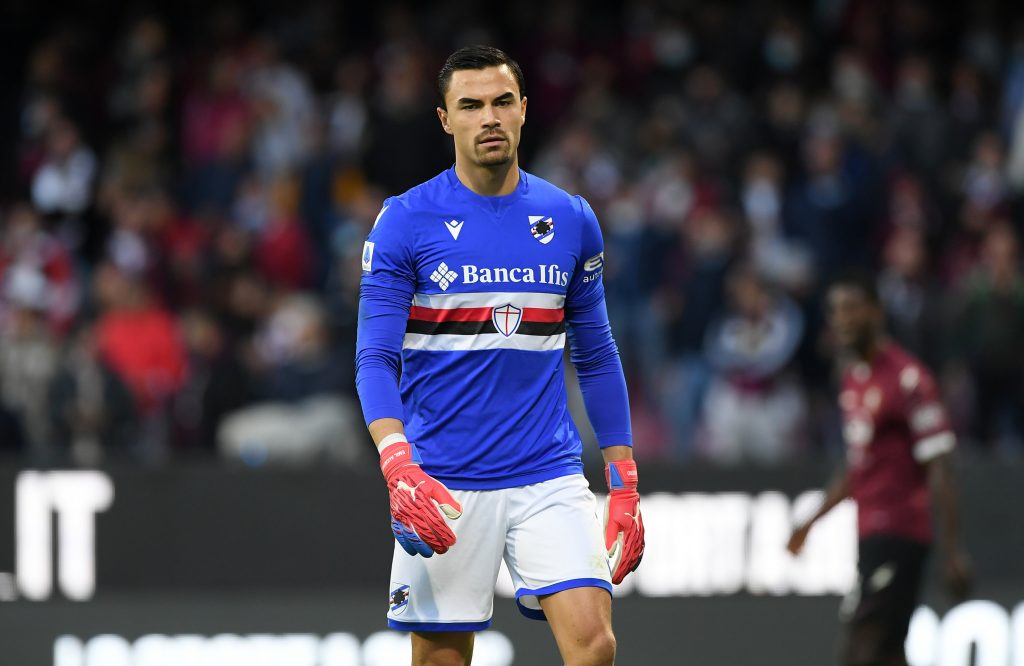 SALERNO, ITALY - NOVEMBER 21: Emil Audero of UC Sampdoria during the Serie A match between US Salernitana and UC Sampdoria at Stadio Arechi on November 21, 2021 in Salerno, Italy. (Photo by Francesco Pecoraro/Getty Images)