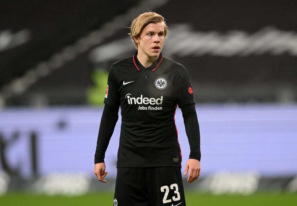 FRANKFURT AM MAIN, GERMANY - DECEMBER 12: Jens Petter Hauge of FRankfurt in action during the Bundesliga match between Eintracht Frankfurt and Bayer 04 Leverkusen at Deutsche Bank Park on December 12, 2021 in Frankfurt am Main, Germany. (Photo by Matthias Hangst/Getty Images)