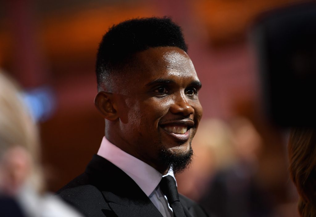 MOSCOW, RUSSIA - DECEMBER 01: Samuel Eto'o arrives prior to the Final Draw for the 2018 FIFA World Cup Russia at the State Kremlin Palace on December 1, 2017 in Moscow, Russia. (Photo by Matthias Hangst/Bongarts/Getty Images)