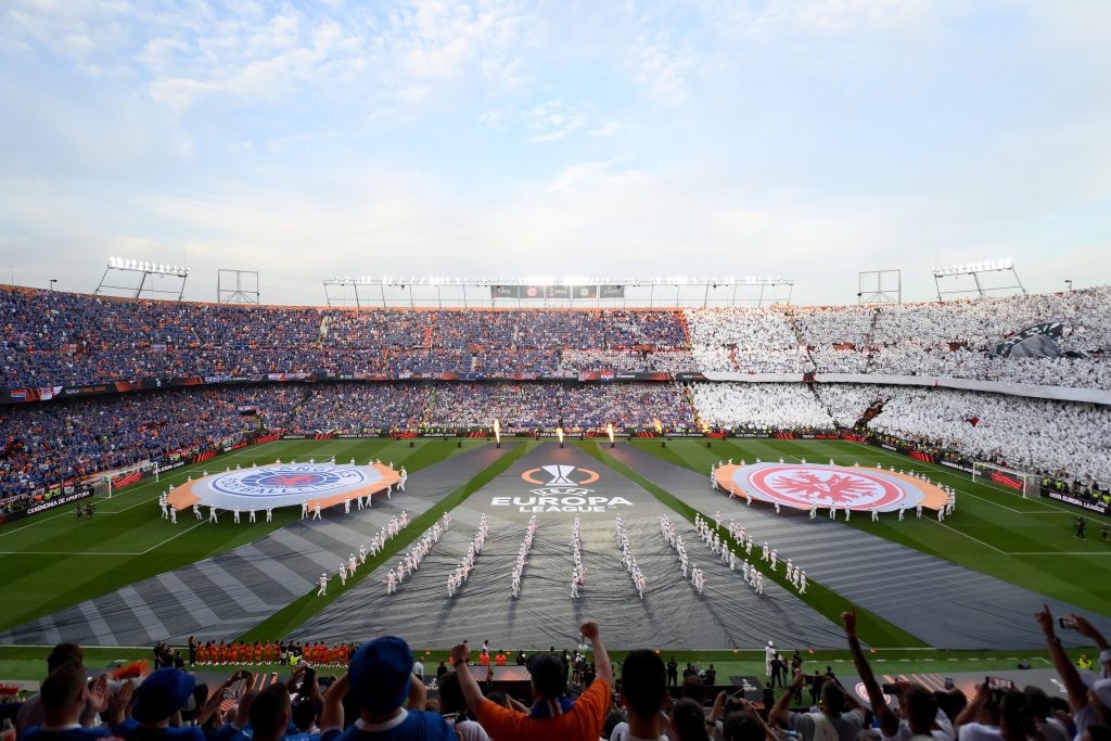 SEVILLE, SPAIN - MAY 18: General view inside the stadium as the UEFA Europa League flags are seen on the pitch prior to the UEFA Europa League final match between Eintracht Frankfurt and Rangers FC at Estadio Ramon Sanchez Pizjuan on May 18, 2022 in Seville, Spain. (Photo by David Ramos/Getty Images)