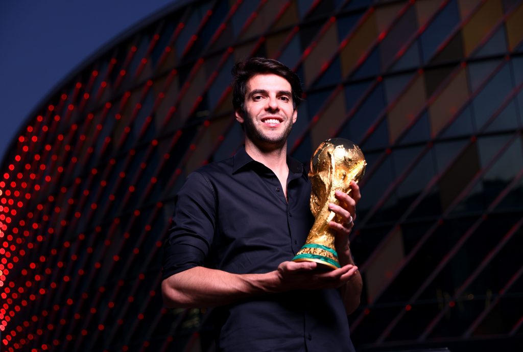 DUBAI, UNITED ARAB EMIRATES - MAY 11: Kaka, FIFA World Cup Trophy Tour Ambassador poses for picture with the Original FIFA World Cup Trophy at Coca-Cola Arena on May 11, 2022 in Dubai, United Arab Emirates. (Photo by Francois Nel/Getty Images for Coca-Cola)