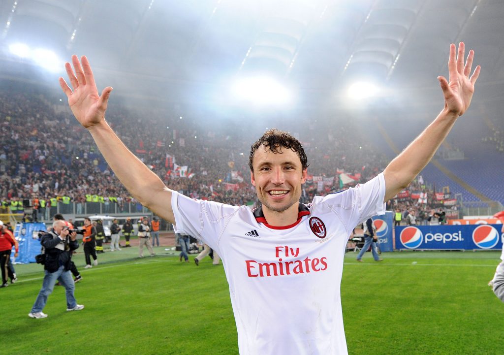 ROME, ITALY - MAY 07: Mark Van Bommel of Milan celebrates the victory after the Serie A match between AS Roma and AC Milan at Stadio Olimpico on May 7, 2011 in Rome, Italy. (Photo by Giuseppe Bellini/Getty Images)