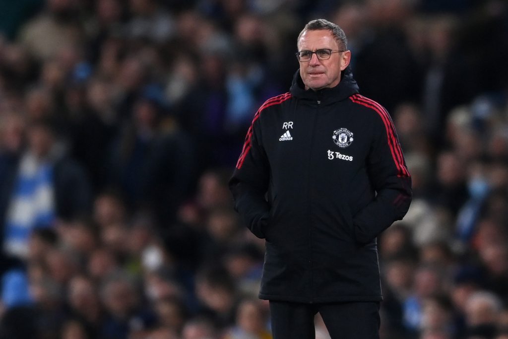 MANCHESTER, ENGLAND - MARCH 06: Ralf Rangnick, Manager of Manchester United looks on during the Premier League match between Manchester City and Manchester United at Etihad Stadium on March 06, 2022 in Manchester, England. (Photo by Laurence Griffiths/Getty Images)
