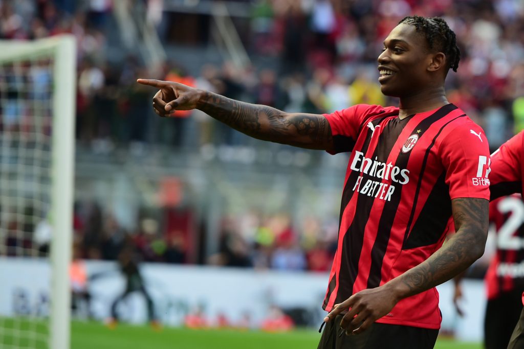 MILAN, ITALY - MAY 01: Rafael Leao of AC Milan celebrates his first goal during the Serie A match between AC Milan and ACF Fiorentina at Stadio Giuseppe Meazza on May 01, 2022 in Milan, Italy. (Photo by Pier Marco Tacca/AC Milan via Getty Images)