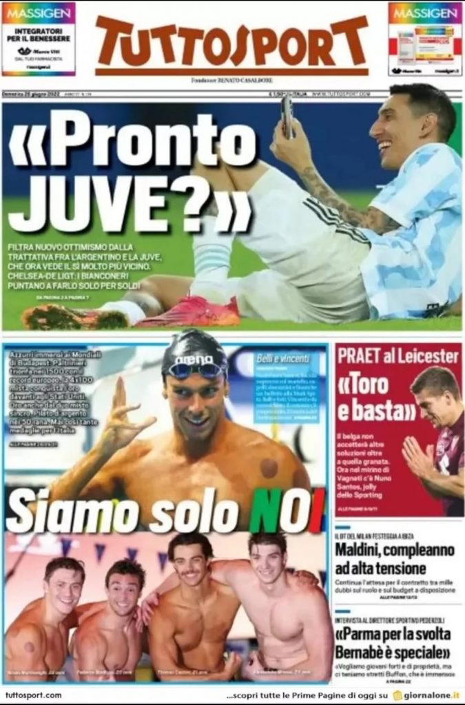 Prima pagina Tuttosport 26/06/2022