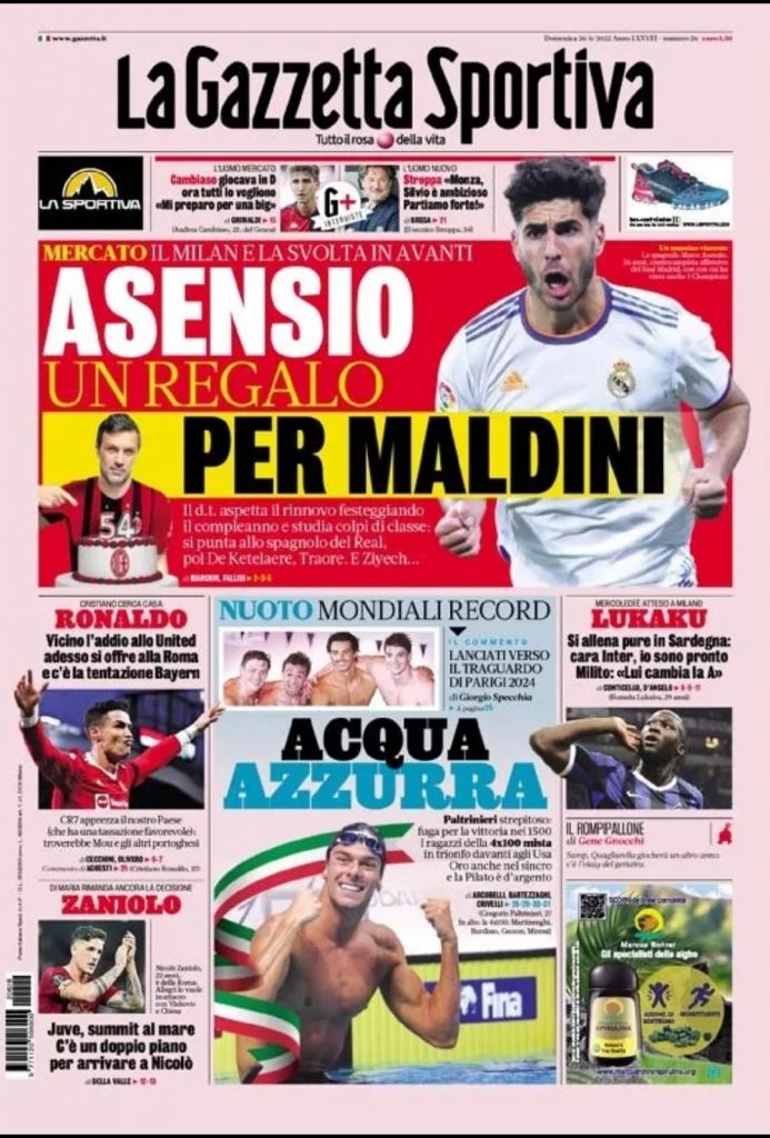 Prima pagina Gazzetta dello Sport 26/06/2022
