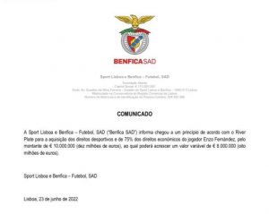 Enzo Fernandez, il comunicato del Benfica