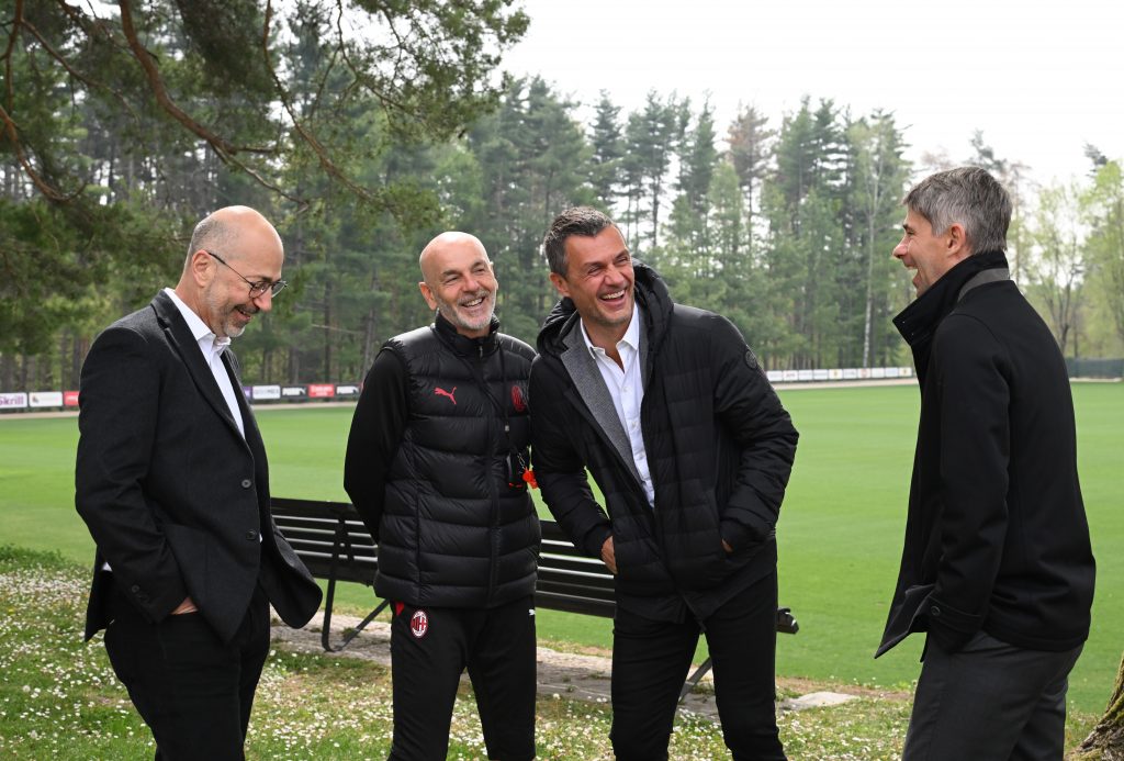 CAIRATE, ITALY - APRIL 22: AC Milan Chief Executive Officer Ivan Gazidis, Head coach AC Milan Stefano Pioli, Technical Area Director AC Milan Paolo Maldini and AC Milan Sport Director Frederic Massara attend during a training session at Milanello on April 22, 2022 in Cairate, Italy. (Photo by Claudio Villa/AC Milan via Getty Images)