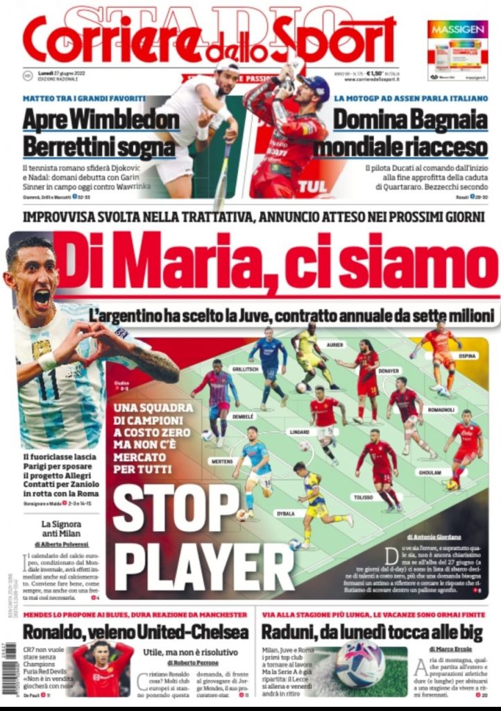 Prima pagina Corriere dello sport 27/06/2022