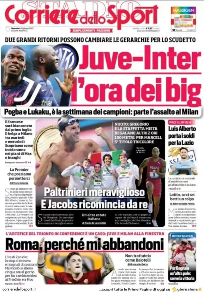 Prima pagina Corriere dello Sport 26/06/2022