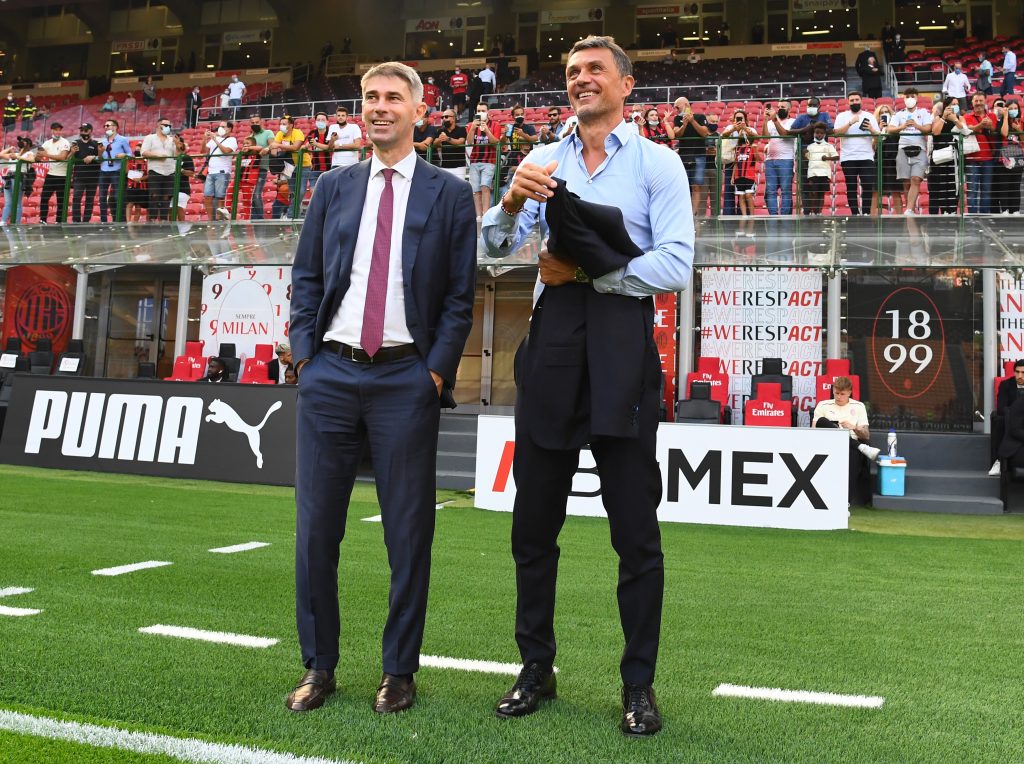 MILAN, ITALY - SEPTEMBER 12: Federic Massara and Paolo Maldini attend the Serie A match between AC Milan and SS Lazio at Stadio Giuseppe Meazza on September 12, 2021 in Milan, Italy. (Photo by Claudio Villa/AC Milan via Getty Images)