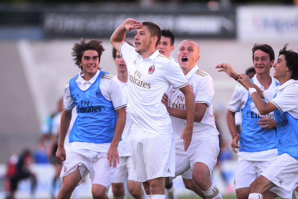 FORLI, ITALY - JUNE 20: Riccardo Tonin of AC Milan celebrates after scoring the opening goal during the U16 Serie A Semifinal match between Ac Milan and Genoa CFC on June 20, 2017 in Forli, Italy. (Photo by Mario Carlini / Iguana Press/Getty Images)