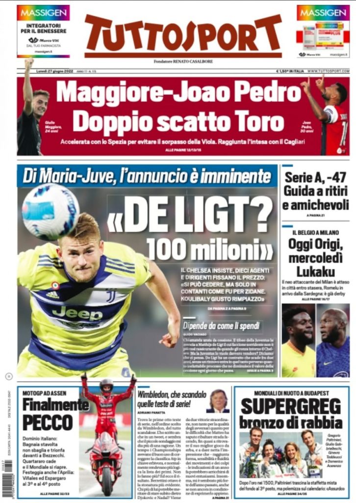 Prima pagina Tuttosport 27/06/2022