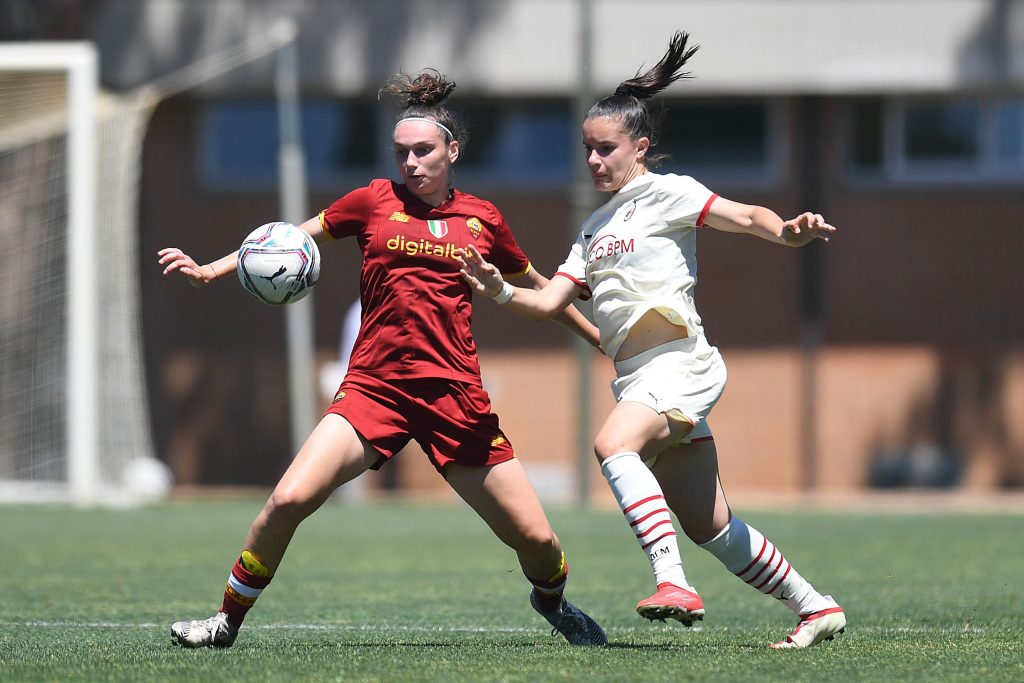 TIRRENIA, ITALY - JUNE 10:Monica Renzotti of AC Milan in action during the Women's Primavera Final Four match between AS Roma U19 and AC Milan U19 at Centro Preparazione Olimpica on June 10, 2022 in Tirrenia, Italy. (Photo by AC Milan/AC Milan via Getty Images)