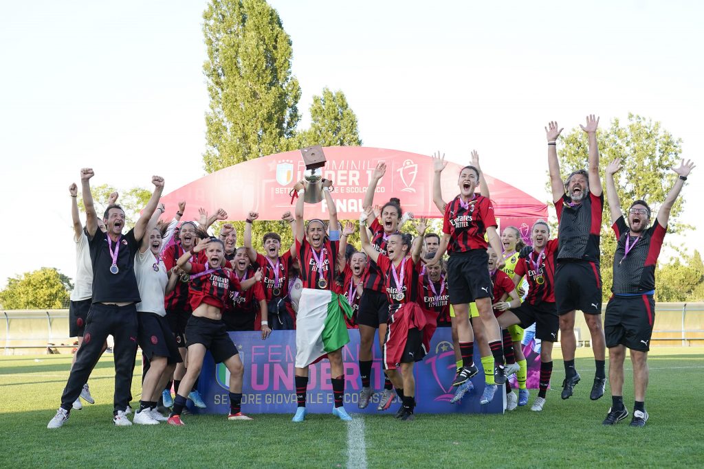 CESENA, ITALY - JUNE 30: AC Milan Woman U17 poses with trophy at the end of the Women U17 Final match between Juventus and AC Milan on June 30, 2022 in Cesena, Italy. (Photo by Danilo Di Giovanni/Getty Images)