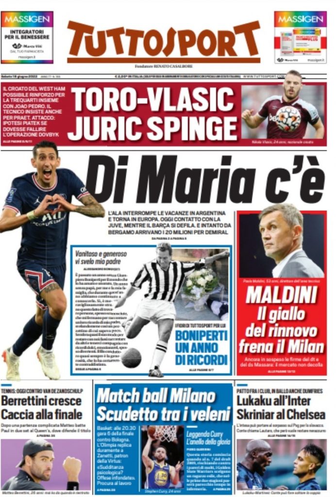 Prima pagina Tuttosport 18 giugno 2022