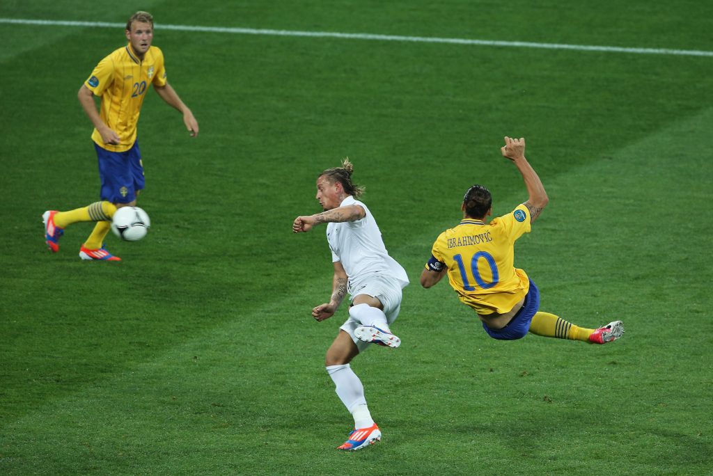 KIEV, UKRAINE - JUNE 19: Zlatan Ibrahimovic of Sweden scores the opening goal during the UEFA EURO 2012 group D match between Sweden and France at The Olympic Stadium on June 19, 2012 in Kiev, Ukraine. (Photo by Ian Walton/Getty Images)