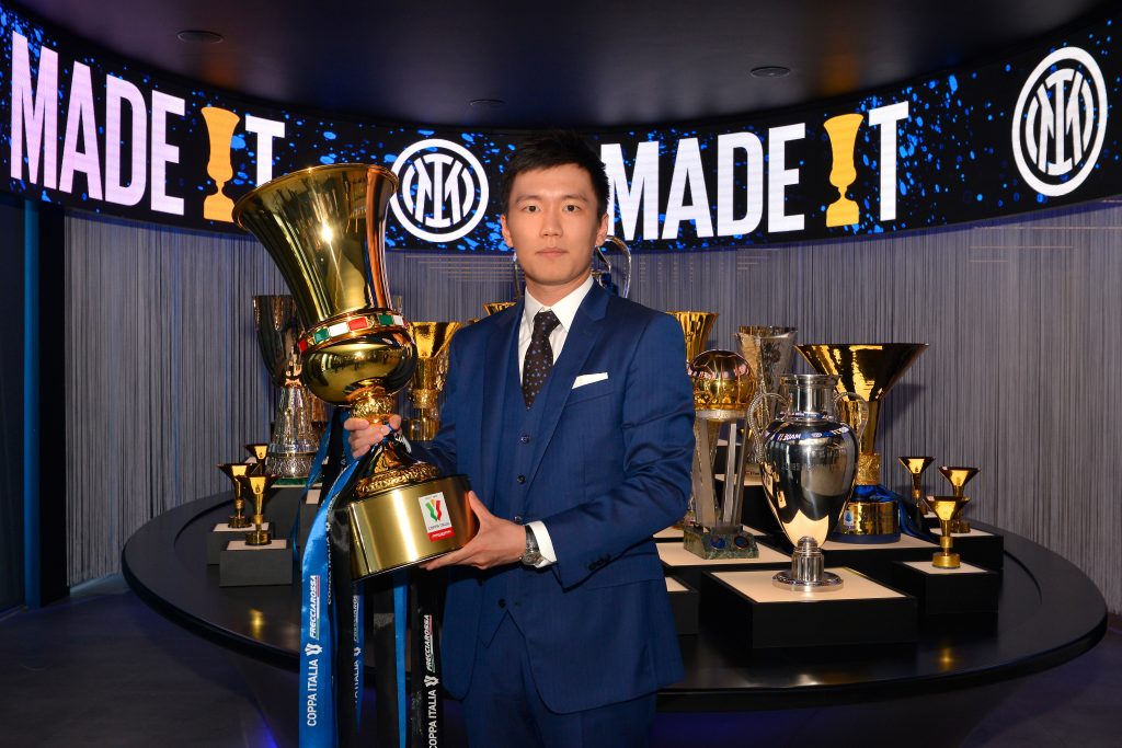 MILAN, ITALY - MAY 12: President of FC Internazionale Steven Zhang poses for a picture with the Coppa Italia Frecciarossa 2021/2022 at FC Internazionale Headquarters on May 12, 2022 in Milan, Italy. (Photo by Mattia Pistoia - Inter/Inter via Getty Images)