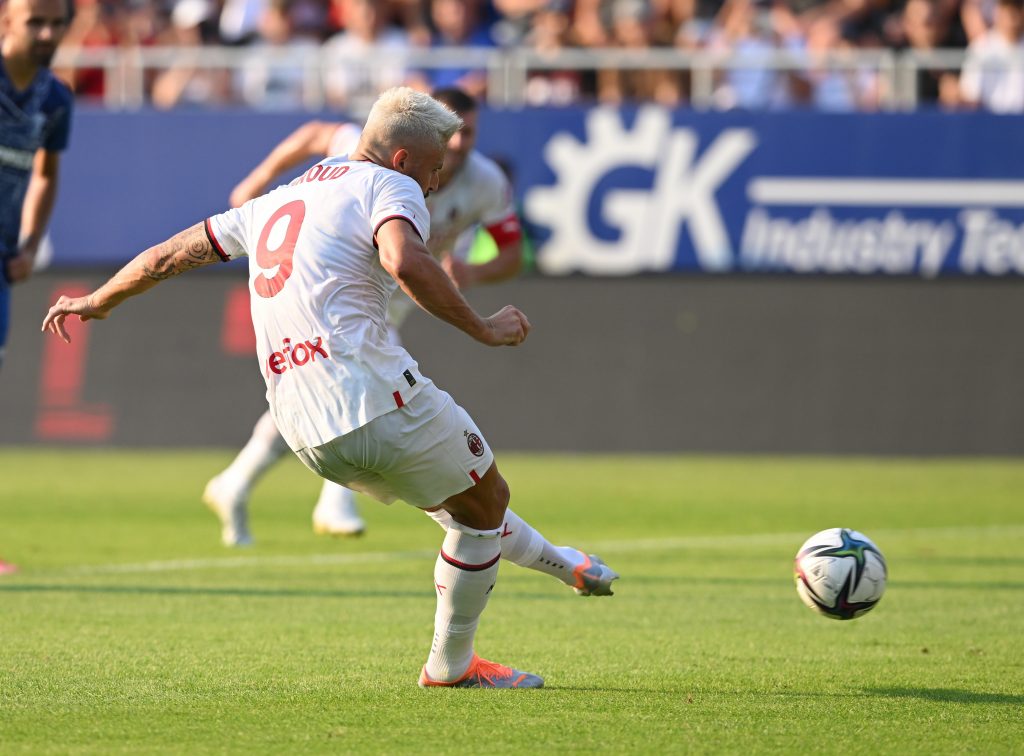 ZALAEGERSZEG, HUNGARY - JULY 23: Olivier Giroud of AC Milan takes a penalty kick during the Pre-season Friendly match between Zalaegerszegi TE and AC Milan on July 23, 2022 in Zalaegerszeg, Hungary. (Photo by Claudio Villa/AC Milan via Getty Images)