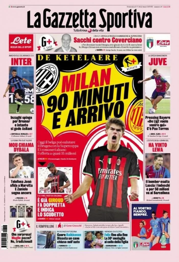 Prima pagina Gazzetta dello Sport 17/07/2022