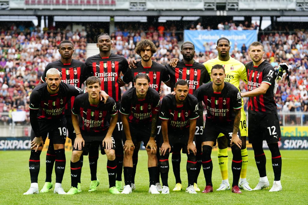 VILLACH, AUSTRIA - JULY 27: (L-R) Pierre Kalulu, Rafael Leao, Yacine Adli, Fikayo Tomori, Mike Maignan, Ante Rebic, Theo Hernandez, Alexis Saelemaekers, Davide Calabria, Ismael Bennacer and Rade Krunic during the Pre-season Friendly match between Wolfsberg and AC Milan on July 27, 2022 in Villach, Austria. (Photo by Pier Marco Tacca/AC Milan via Getty Images)