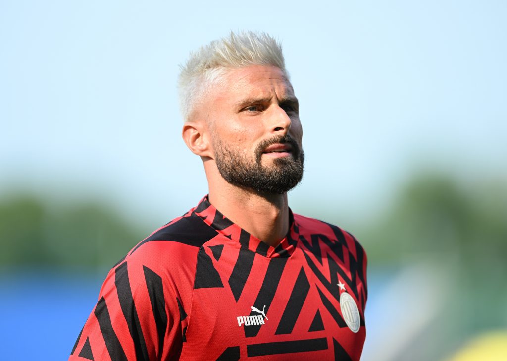 ZALAEGERSZEG, HUNGARY - JULY 23: Olivier Giroud of AC Milan warms up ahead before the Pre-season Friendly match between Zalaegerszegi TE and AC Milan on July 23, 2022 in Zalaegerszeg, Hungary. (Photo by Claudio Villa/AC Milan via Getty Images)