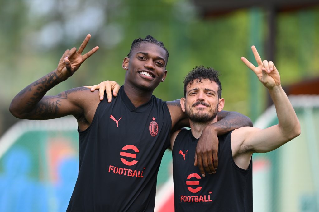 CAIRATE, ITALY - JULY 22: Rafael Leao and Alessandro Florenzi of AC Milan pose for a photo during a training session at Milanello on July 22, 2022 in Cairate, Italy. (Photo by Claudio Villa/AC Milan via Getty Images)