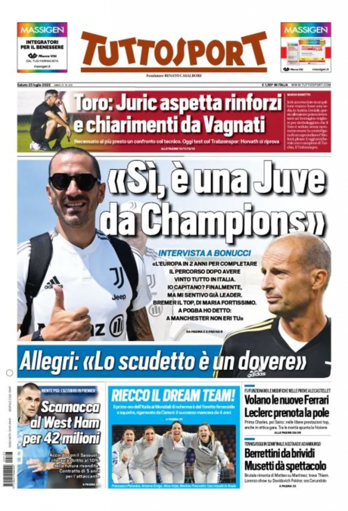 La prima pagina di 'Tuttosport', in edicola oggi, 23-07-2022