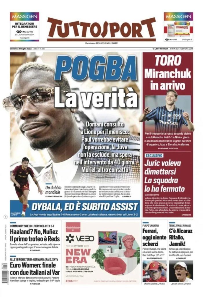Prima pagina Tuttosport 31/07/2022