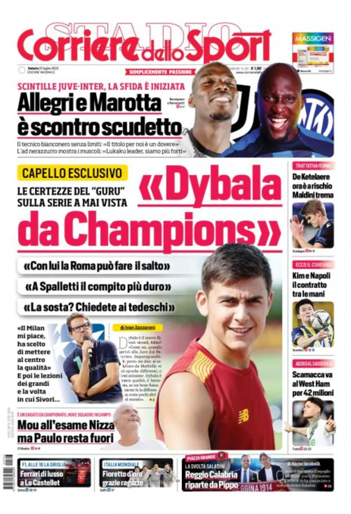 La prima pagina del 'Corriere dello Sport', in edicola oggi, 23-07-2022