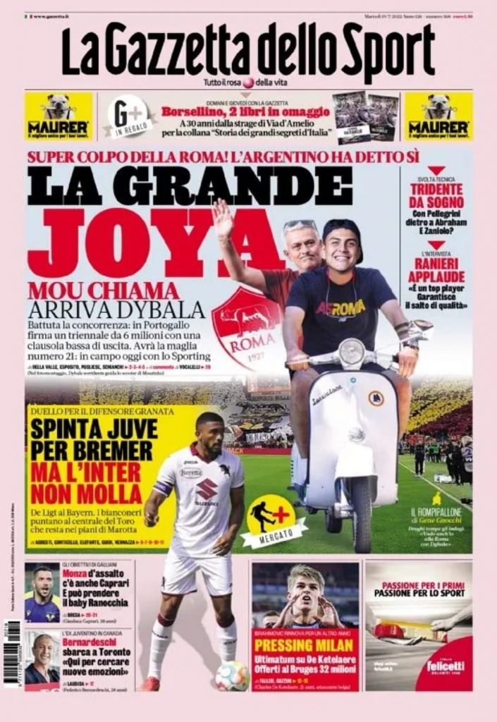Prima pagina gazzetta dello sport 19/07/2022