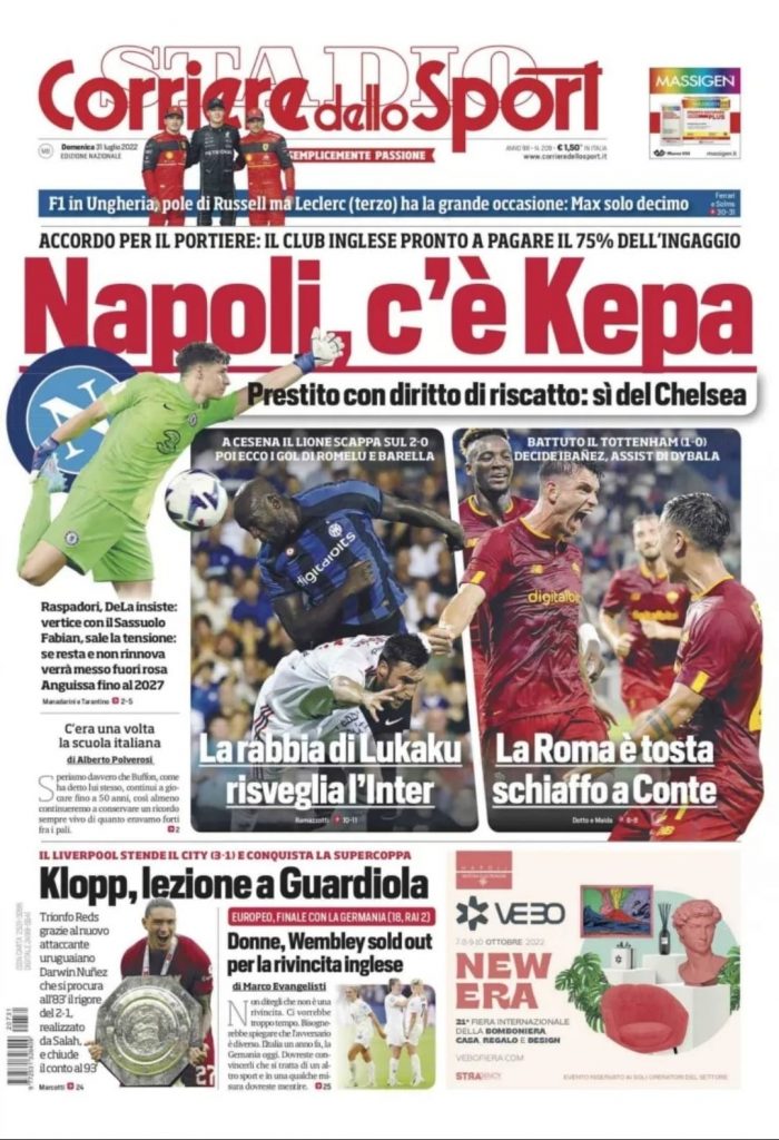 Prima pagina Corriere dello Sport 31/07/2022