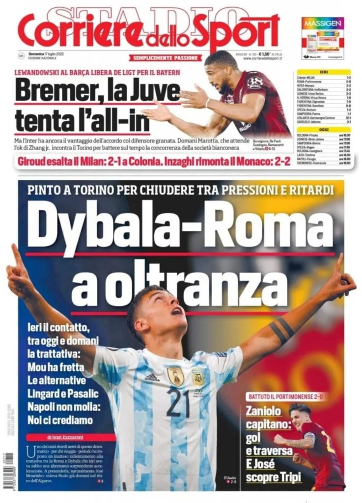 Prima pagina Corriere dello Sport 17/07/2022