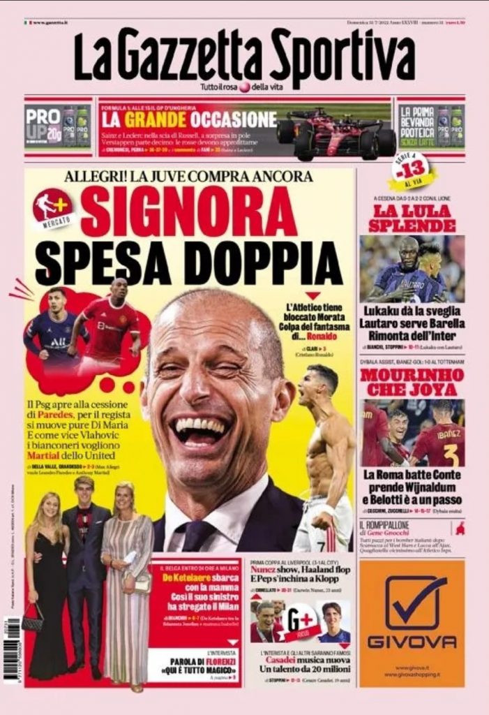 Prima pagina Gazzetta dello Sport 31/07/2022