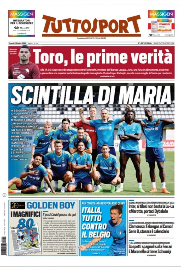 Prima pagina Tuttosport 15/07/2022