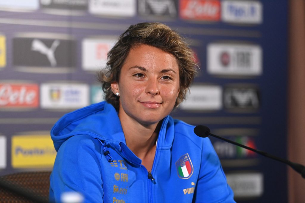 ACCRINGTON, ENGLAND - JULY 12: Valentina Giacinti attends a press conference at Italy Women Team Base Camp on July 12, 2022 in Accrington, England. (Photo by Tullio M. Puglia/Getty Images)