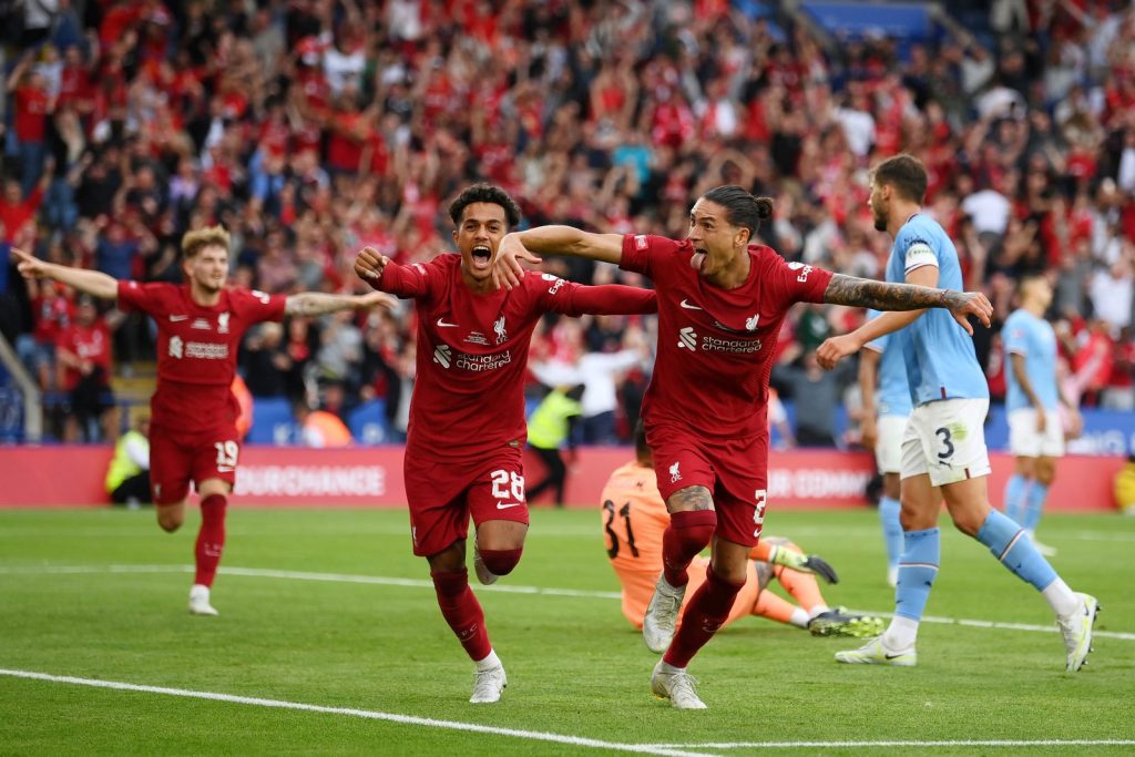 Liverpool-Manchester City, l'esultanza di Darwin Nunez dopo il gol del 3-1