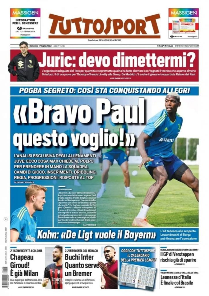 Prima pagina Tuttosport 17/07/2022