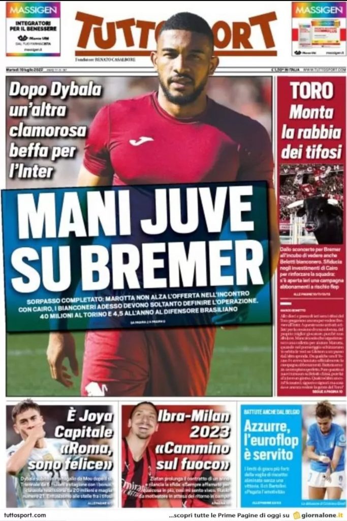 Prima pagina Tuttosport 19/07/2022