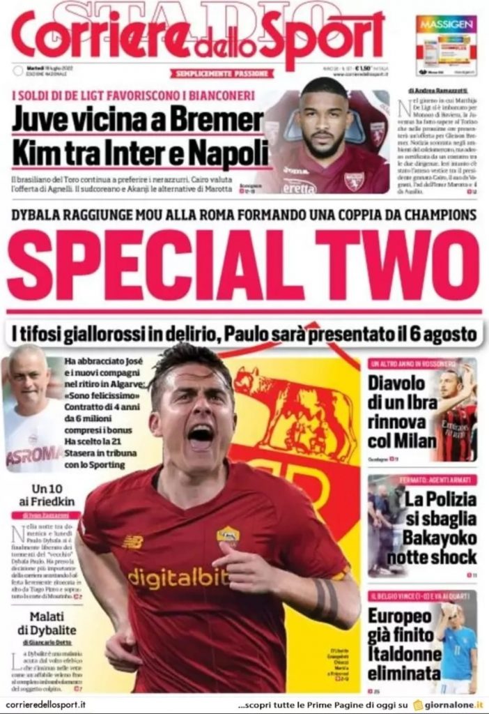 Prima pagina corriere dello sport 19/07/2022