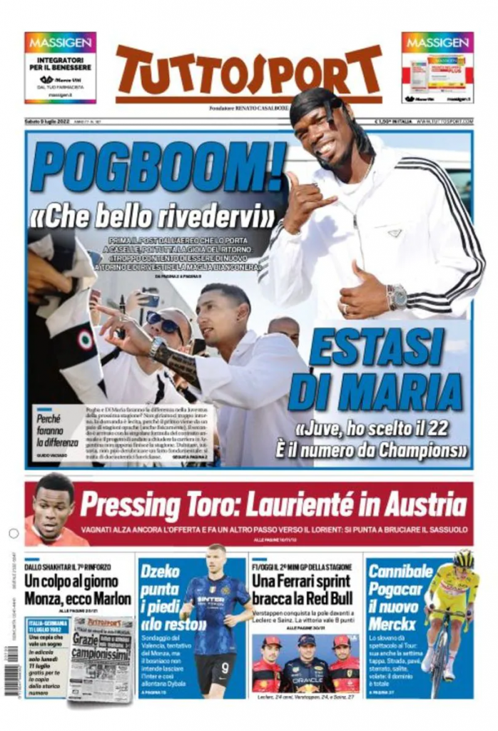 La prima pagina di 'Tuttosport', in edicola oggi, 09-07-2022