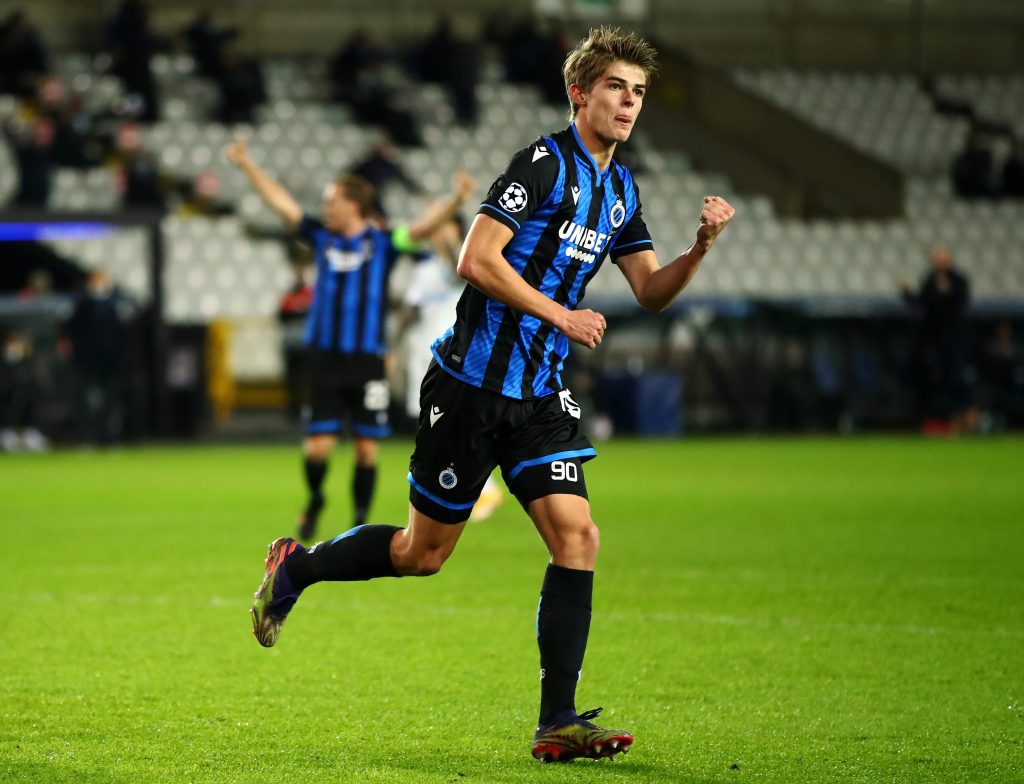 BRUGGE, BELGIUM - DECEMBER 02: Charles De Ketelaere of Club Brugge KV celebrates scoring his teams first goal of the game during the UEFA Champions League Group F stage match between Club Brugge KV and Zenit St. Petersburg at Jan Breydel Stadium on December 02, 2020 in Brugge, Belgium. Sporting stadiums around Belgium remain under strict restrictions due to the Coronavirus Pandemic as Government social distancing laws prohibit fans inside venues resulting in games being played behind closed doors. (Photo by Dean Mouhtaropoulos/Getty Images)