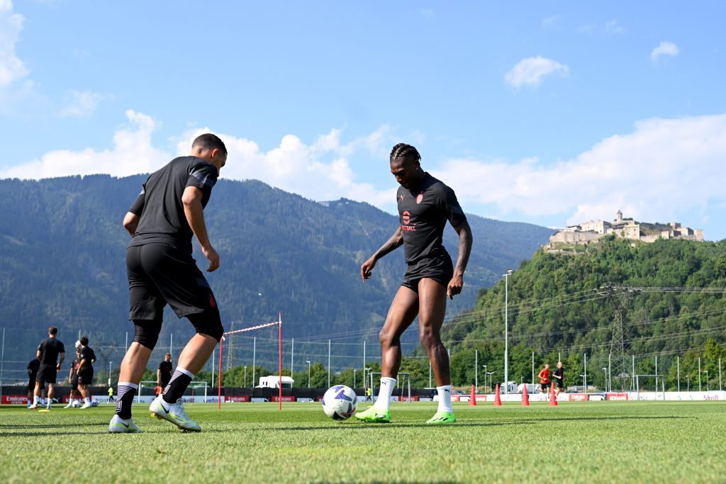 VILLACH, AUSTRIA - JULY 24: Rafael Leao and Ismael Bennacer of AC Milan in action during a training session on July 24, 2022 in Villach, Austria. (Photo by Claudio Villa/AC Milan via Getty Images)