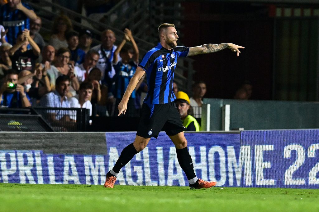 CESENA, ITALY - JULY 30: Milan Skriniar of FC Internazionale gesture during the Pre-season Friendly match between FC Internazionale and Olympique Lyonnaise at Dino Manuzzi Stadium on July 30, 2022 in Cesena, Italy. (Photo by Mattia Ozbot - Inter/Inter via Getty Images)